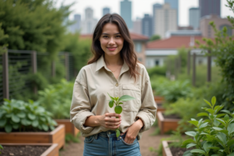 Jeune femme dans un jardin urbain écologique