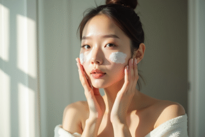 Jeune femme koreenne appliquant crème visage dans salle lumineuse