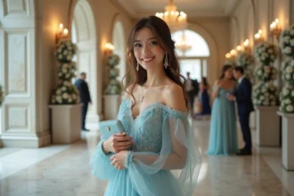 Jeune femme souriante en robe pastel lors d'un mariage élégant