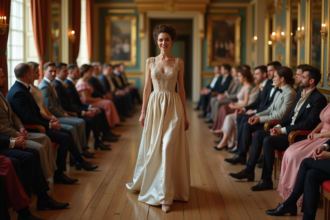 Jeune femme élégante en mode 19e siècle dans un salon parisien