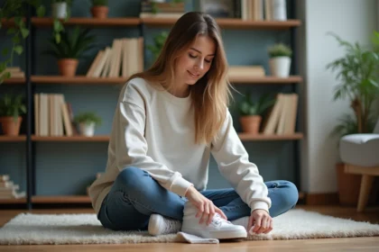 Jeune femme nettoyant ses sneakers dans une pièce moderne