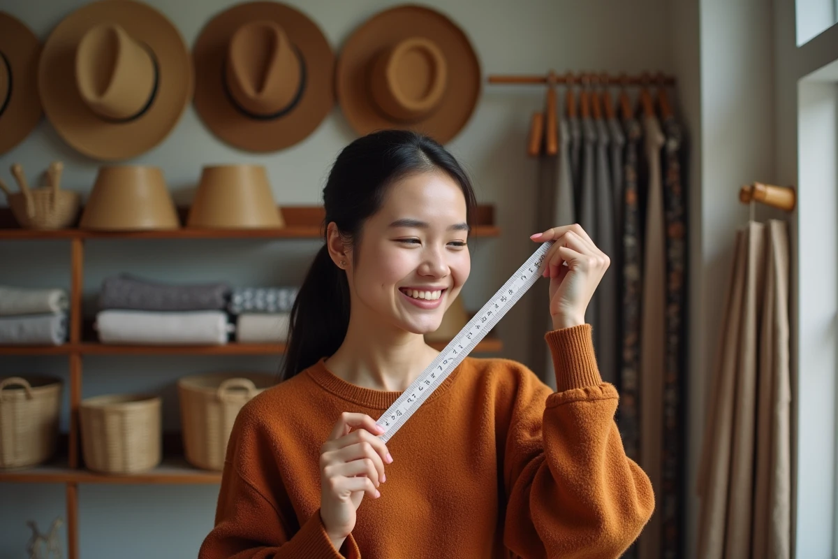 Jeune femme vérifiant sa mesure de tour de tête dans une boutique de chapeaux avec des couvre-chefs en arrière-plan