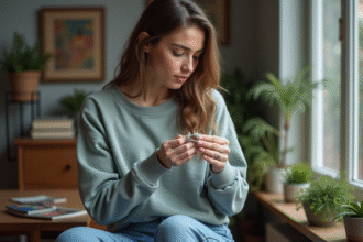 Jeune femme examine un trou dans son sweat décontracté
