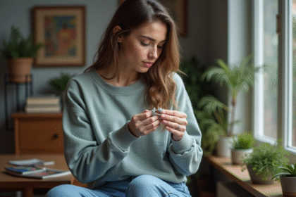 Jeune femme examine un trou dans son sweat décontracté