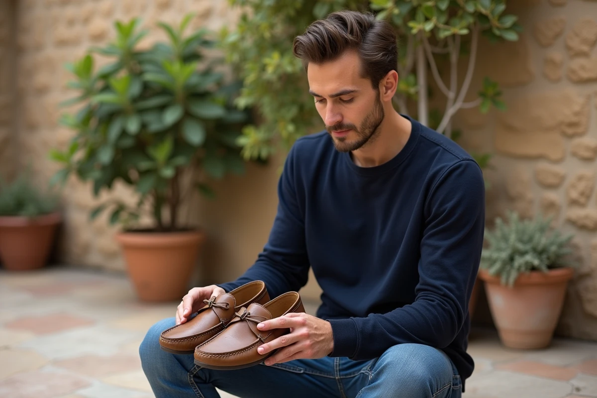 Jeune homme regardant ses babouches en extérieur