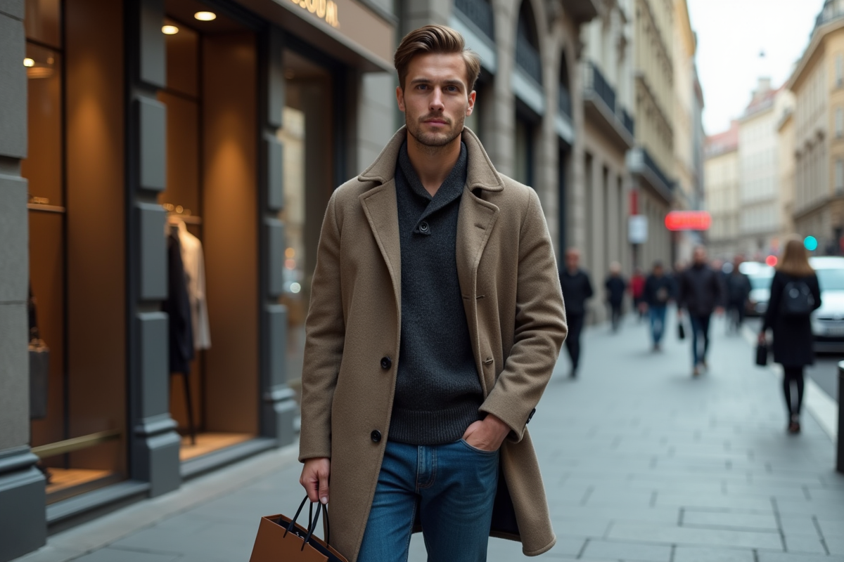 Jeune homme devant une boutique de luxe en ville