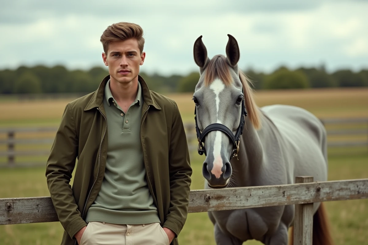 Jeune homme avec cheval dans un paysage campagnard