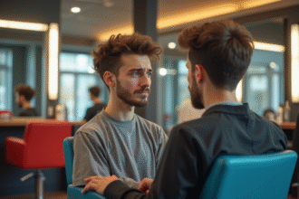 Jeune homme dans un salon de coiffure moderne regarde son nouveau haircut