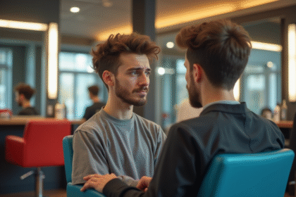 Jeune homme dans un salon de coiffure moderne regarde son nouveau haircut