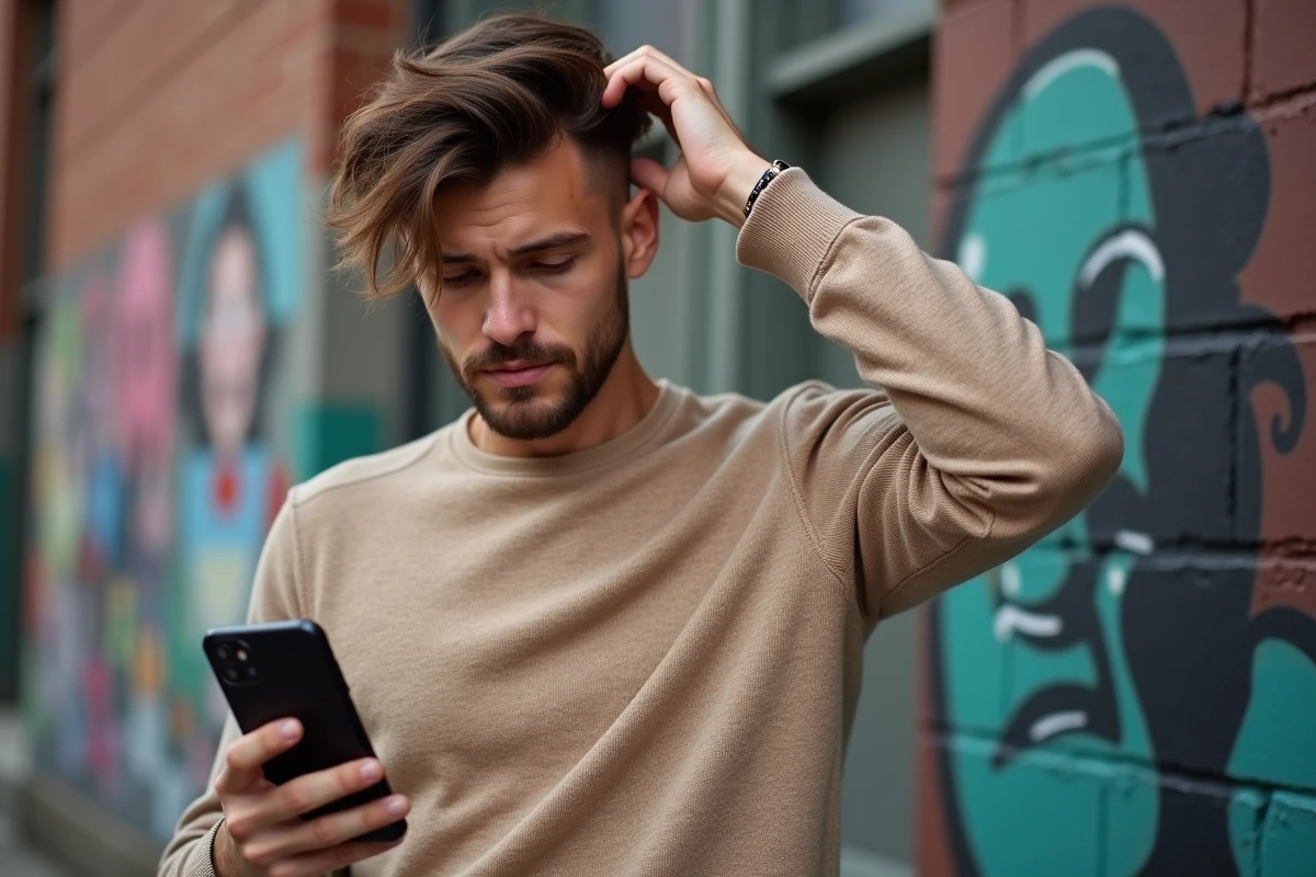 Jeune homme avec mullet devant mur en briques et street art