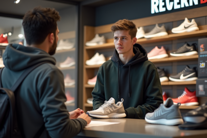 Jeune homme discutant d'un retour de sneakers en magasin