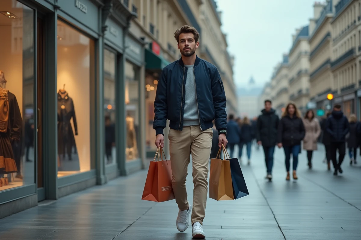 Jeune homme faisant du shopping sur les Champs-Élysées avec des sacs de grandes marques parisiennes
