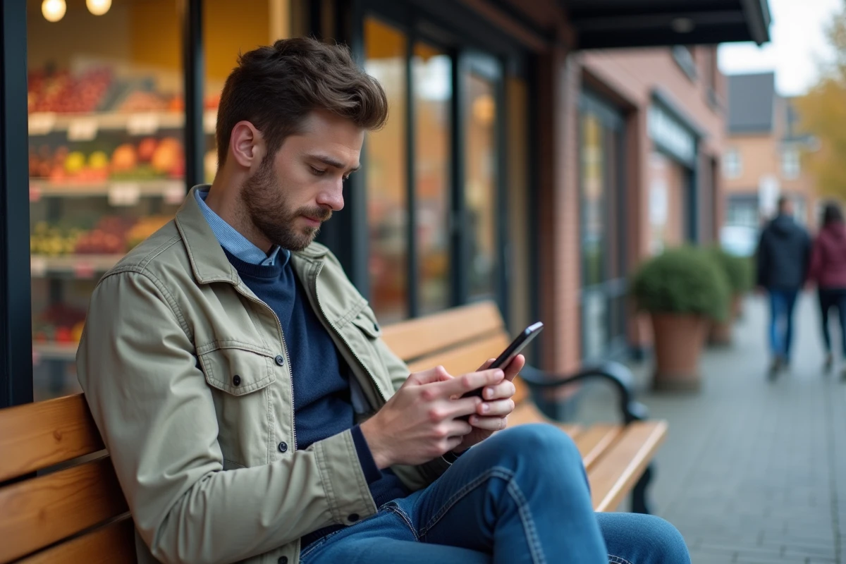 Jeune homme regardant son smartphone devant un supermarché
