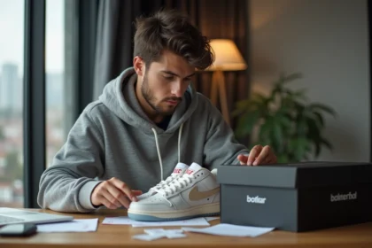 Jeune homme étudiant des sneakers haut de gamme