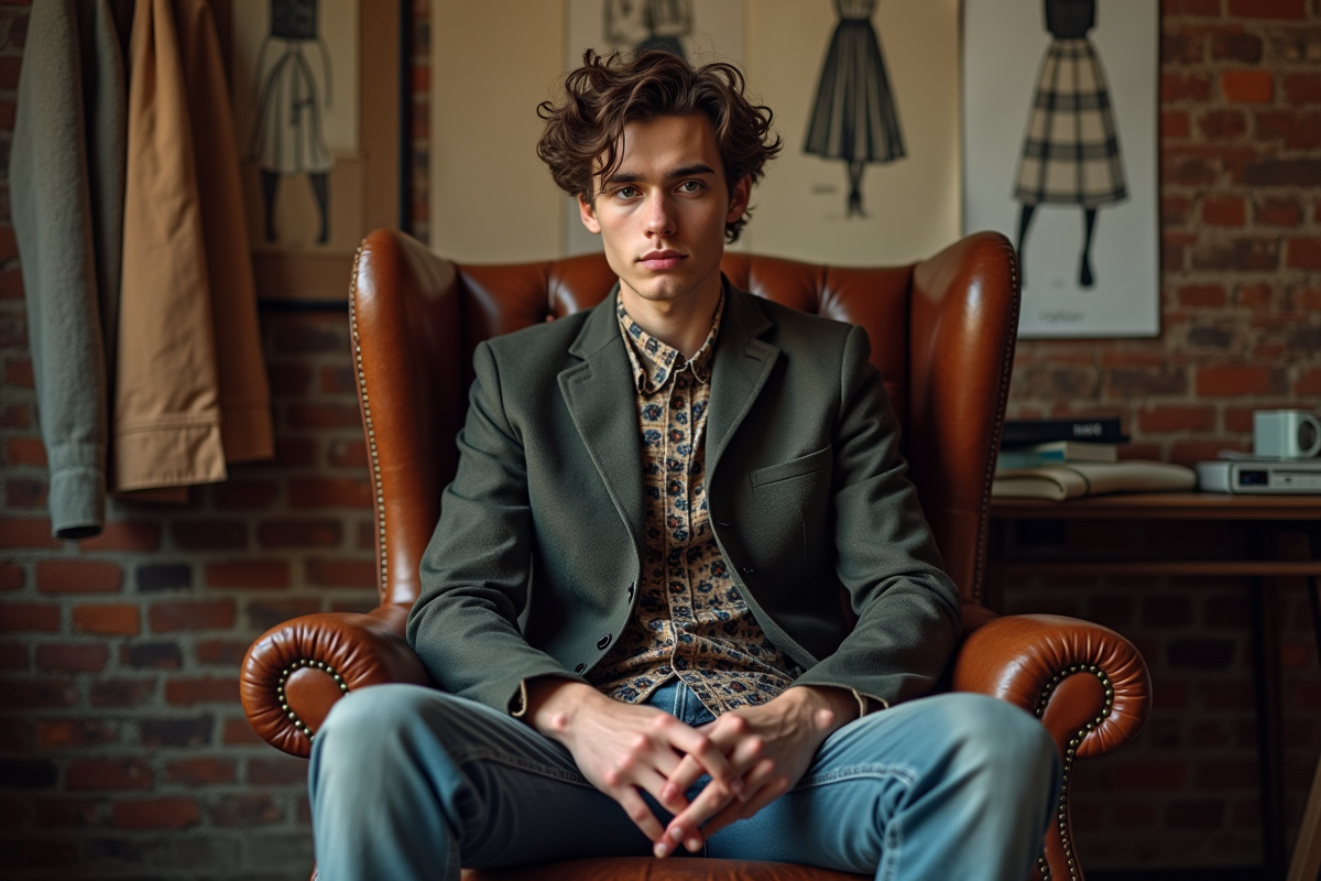 Jeune homme créatif en studio avec vêtements éclectiques