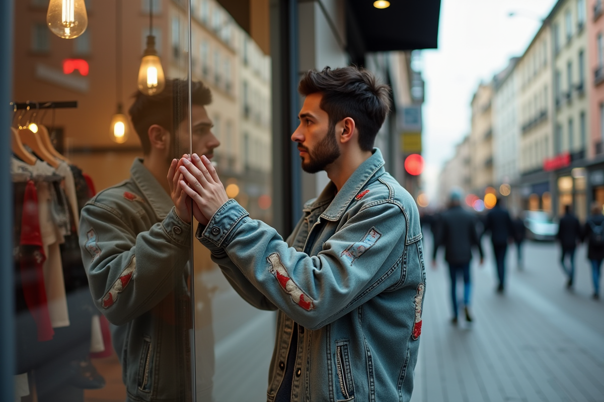 Jeune homme regardant son reflet dans une vitrine de rue