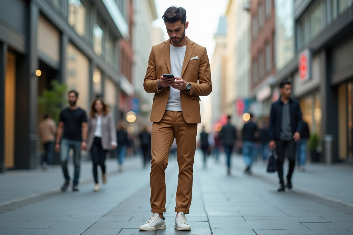 Jeune homme en costume urbain regarde son téléphone dans la ville