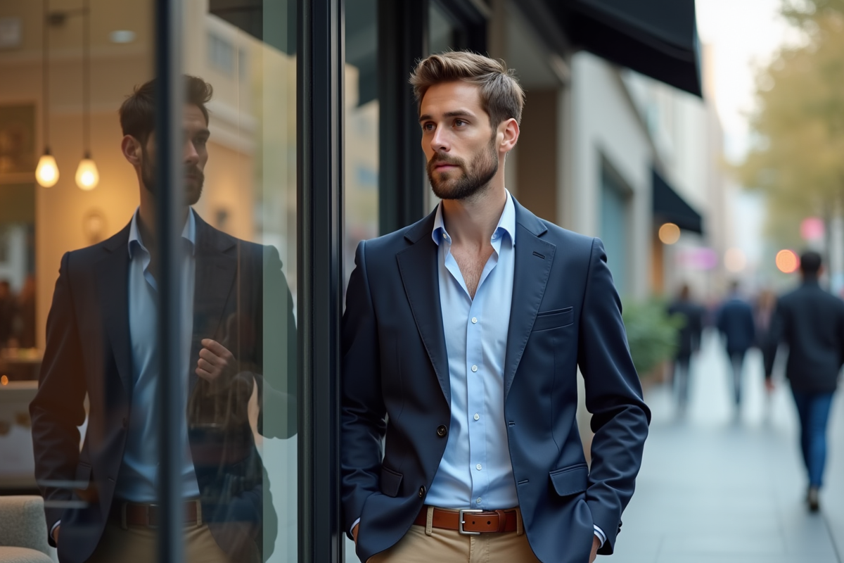 Jeune homme en ville vérifiant sa tenue sur le trottoir