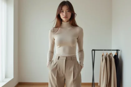 Jeune femme en studio minimaliste en turtleneck neutre
