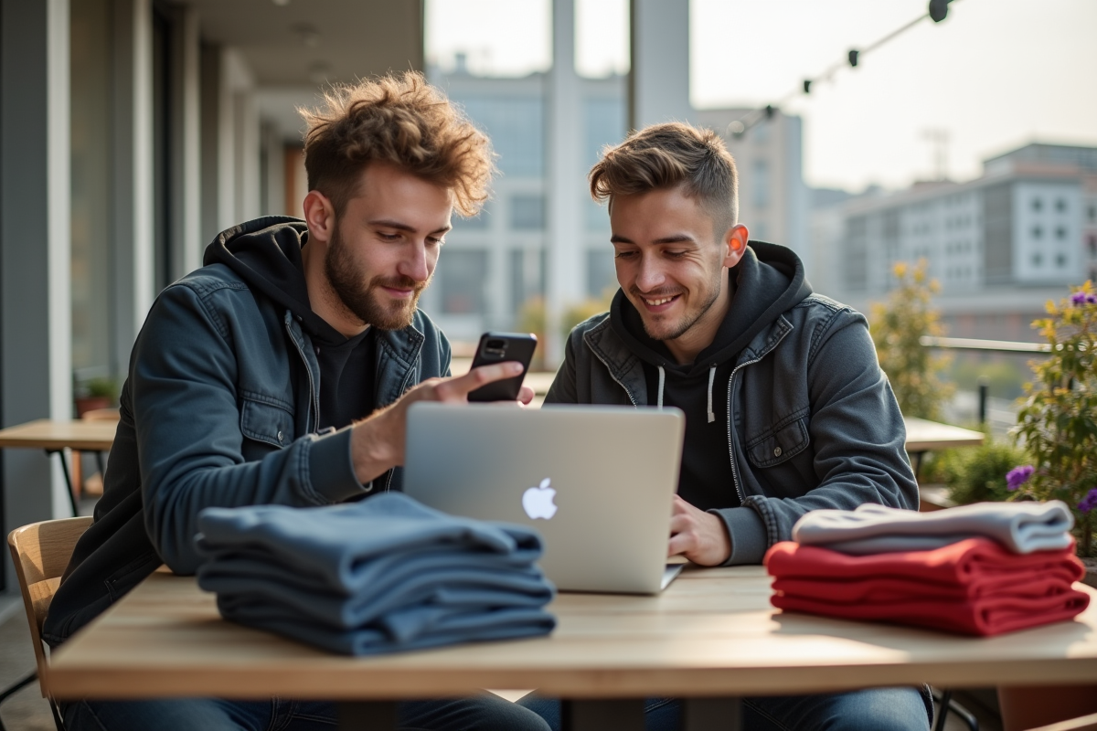 Deux jeunes hommes travaillant sur un ordinateur pour vendre des vêtements