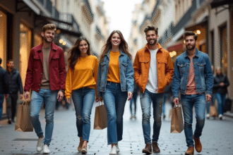 Groupe de jeunes adultes en mode dans une rue animée