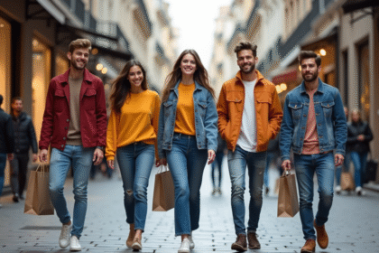 Groupe de jeunes adultes en mode dans une rue animée