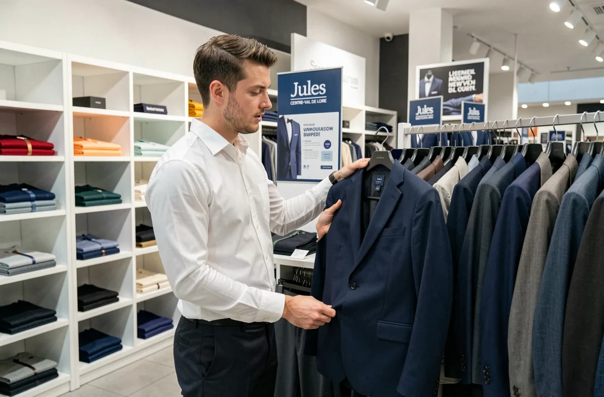 Un jeune homme choisit un costume dans un magasin Jules spécialisé en mode homme en Centre-Val de Loire