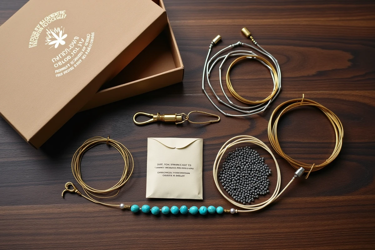 Kit bracelet luxe déplié sur bois noyer avec fil plaqué or, turquoises, fermoirs argent et carte d'instructions artisanale