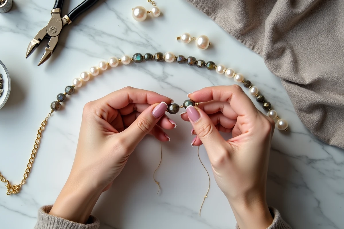 Mains féminines enfilant des perles nacre et labradorite sur fil doré pour la création d'un bracelet de luxe DIY