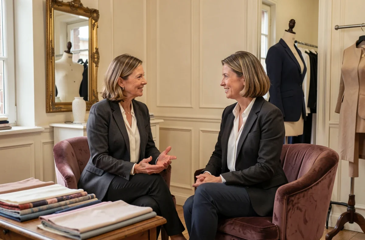 Propriétaire de La Boutique Atelier à Rouen conseillant une cliente dans un atelier de couture élégant