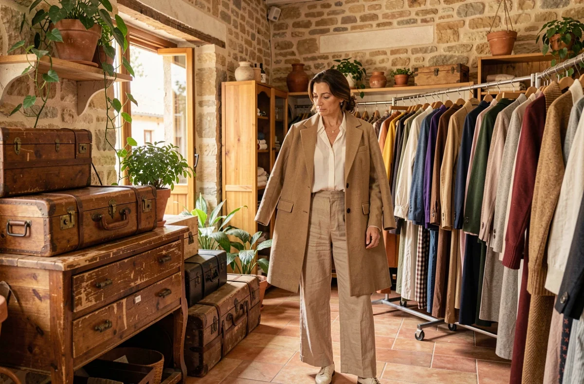 Intérieur du dépôt-vente La Malle de Jeanne à Aix-en-Provence avec des vêtements grande taille d'occasion soigneusement sélectionnés