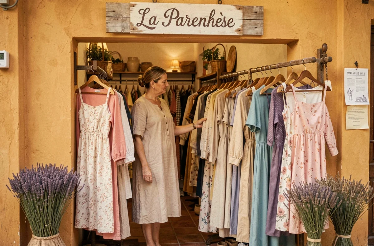 Boutique La Parenthèse à Arles avec une femme parcourant une sélection de vêtements féminins grande taille
