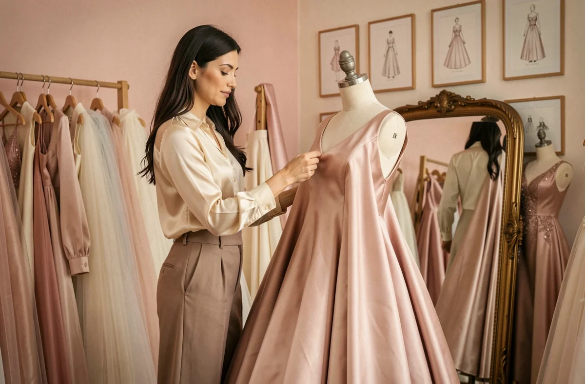 Couturière créatrice épinglant une robe de couture dans l'atelier Lara Manukyan Couture
