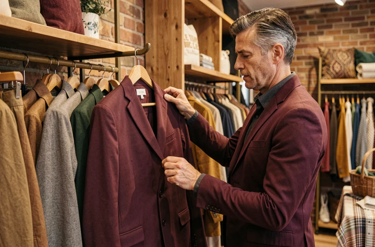 Un homme examine un blazer burgundy dans une boutique Le Temps des Cerises, mode homme en région Centre