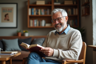 Homme d'âge moyen lisant un roman dans un salon chaleureux