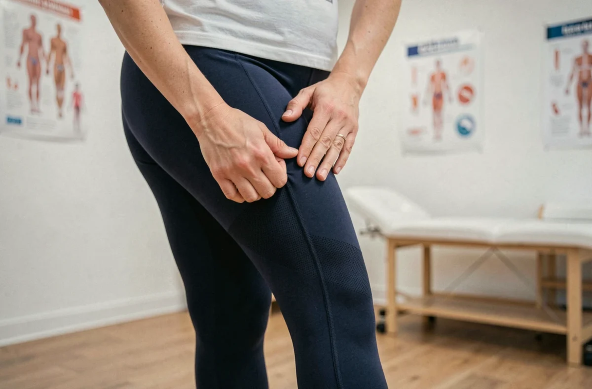 Femme portant des leggings de compression Leonie and co dans une clinique de physiothérapie moderne, examinant la texture du tissu