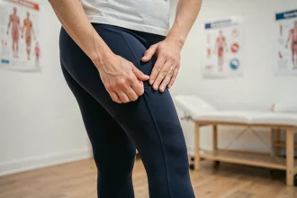 Femme portant des leggings de compression Leonie and co dans une clinique de physiothérapie moderne, examinant la texture du tissu