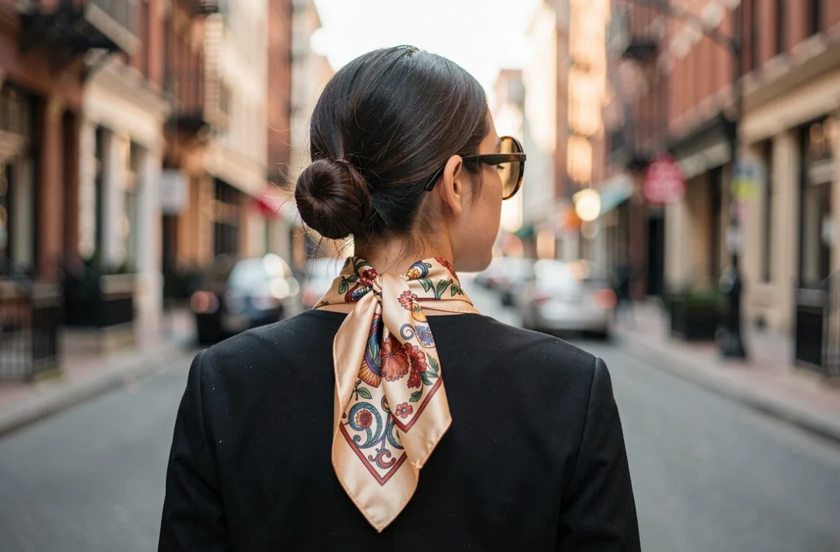 Lunettes de soleil oversize et foulard de soie noué