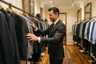 Un homme élégant explore un rayon de costumes dans une boutique de mode masculine en Centre-Val de Loire