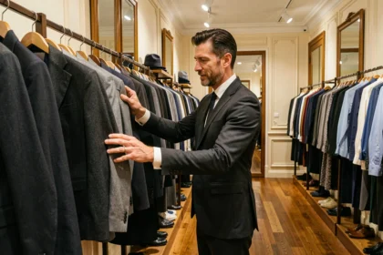 Un homme élégant explore un rayon de costumes dans une boutique de mode masculine en Centre-Val de Loire
