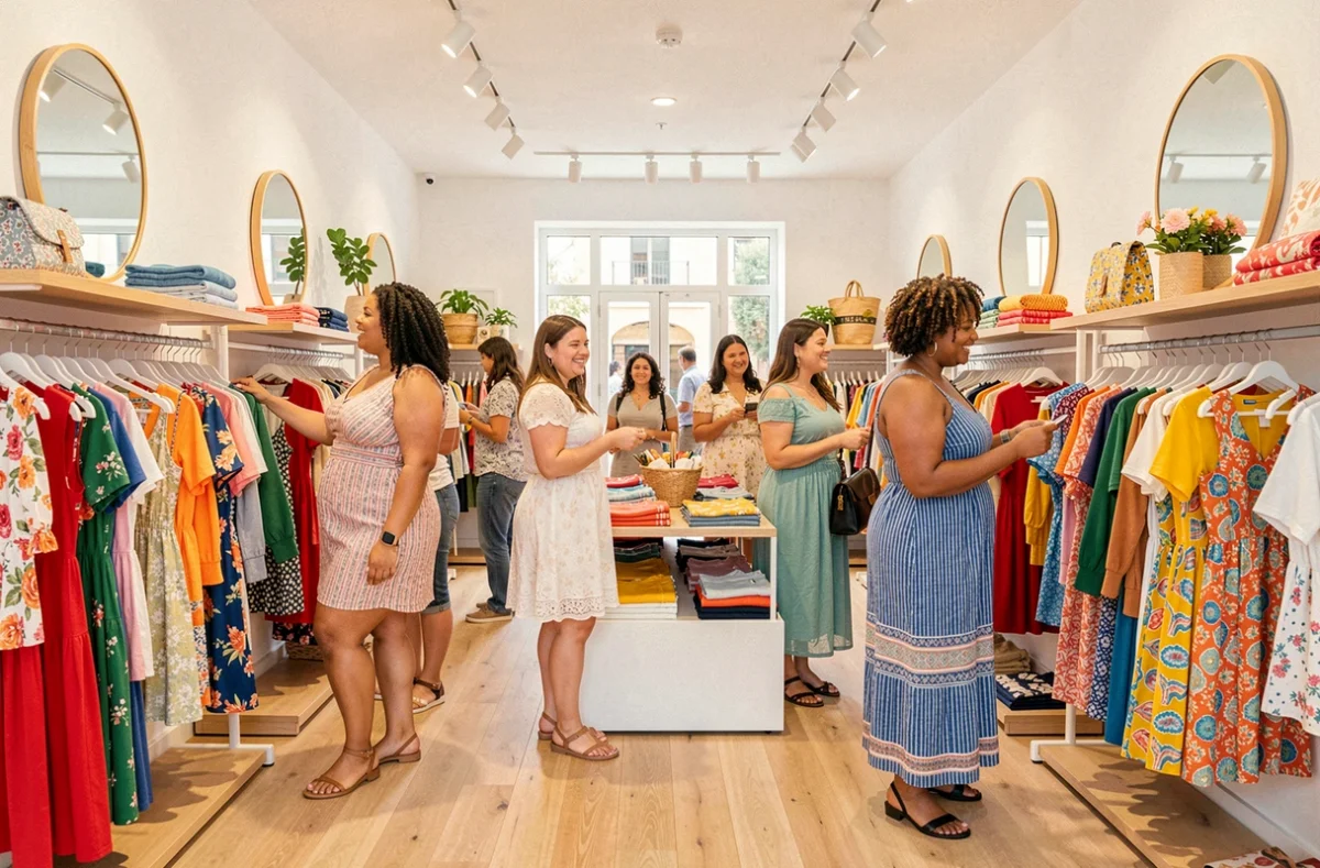 Boutique de vêtements grande taille dans les Bouches-du-Rhône avec des femmes de morphologies variées qui font du shopping