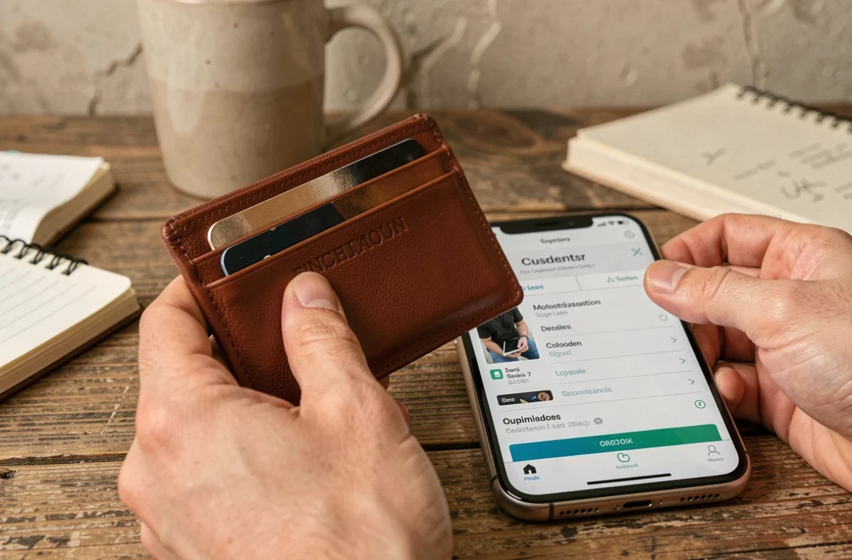Mains tenant un portefeuille ouvert à côté d'un smartphone affichant un formulaire de personnalisation en ligne
