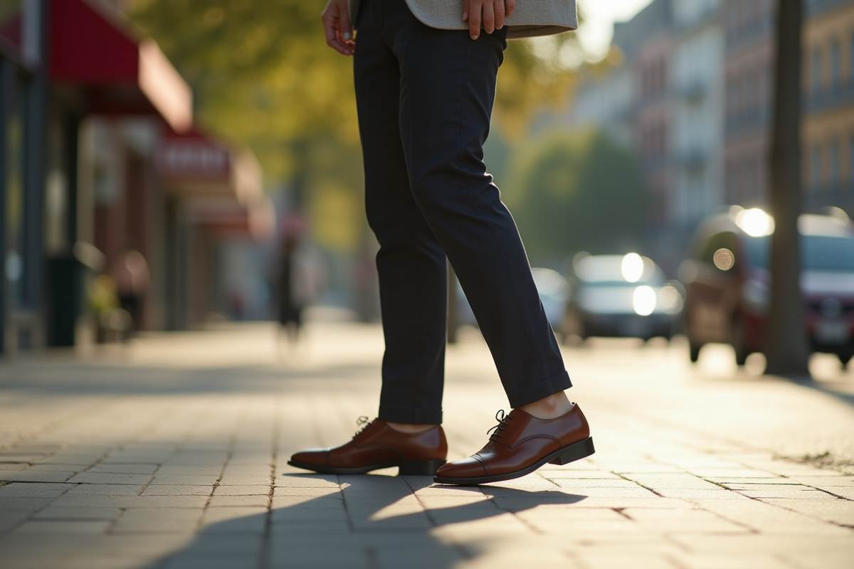 personne marchant en ville portant des chaussures classiques durables