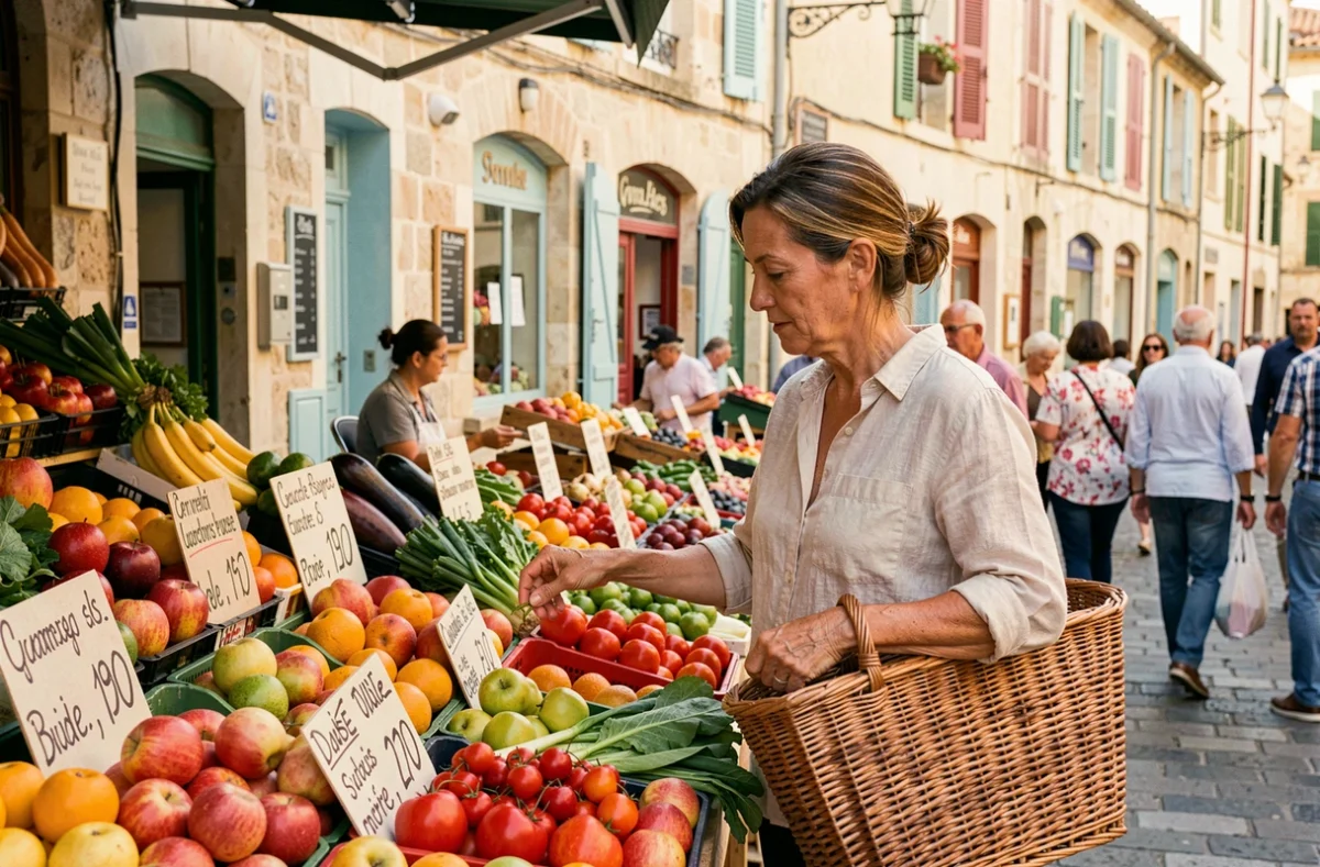 Femme faisant ses courses dans un marché de rue à Marseille, avec des étals de fruits et légumes colorés et des façades provençales en arrière-plan