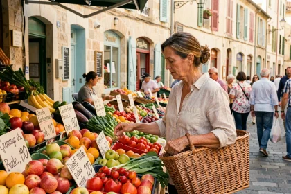 Femme faisant ses courses dans un marché de rue à Marseille, avec des étals de fruits et légumes colorés et des façades provençales en arrière-plan