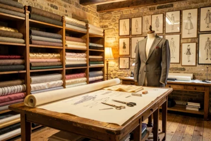 Atelier de tailleur sur mesure à Lyon avec tissus, mannequin et table de coupe traditionnelle