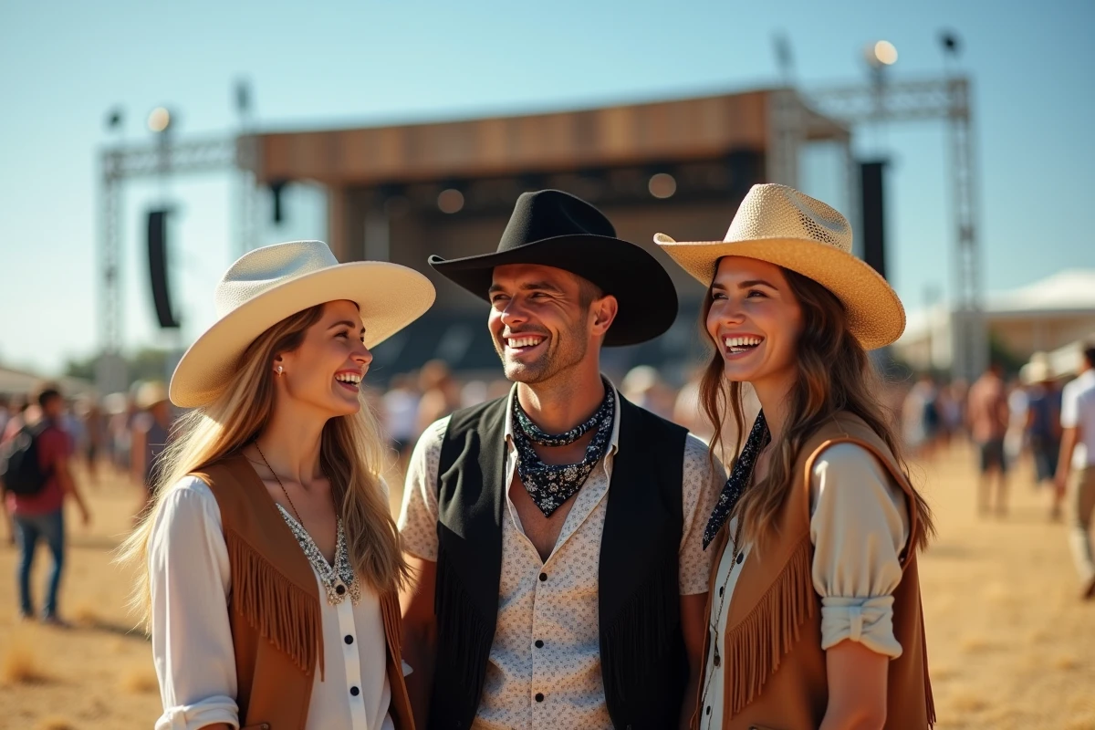 Groupe d'amis portant différents modèles de chapeaux de cowboy western lors d'un festival en plein air en été
