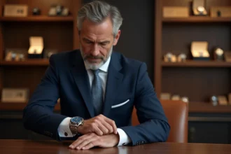 Homme élégant examinant une montre de luxe en boutique