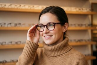 Femme portant des lunettes à monture en acétate bordeaux dans une boutique d'optique, tendance couleurs hivernales