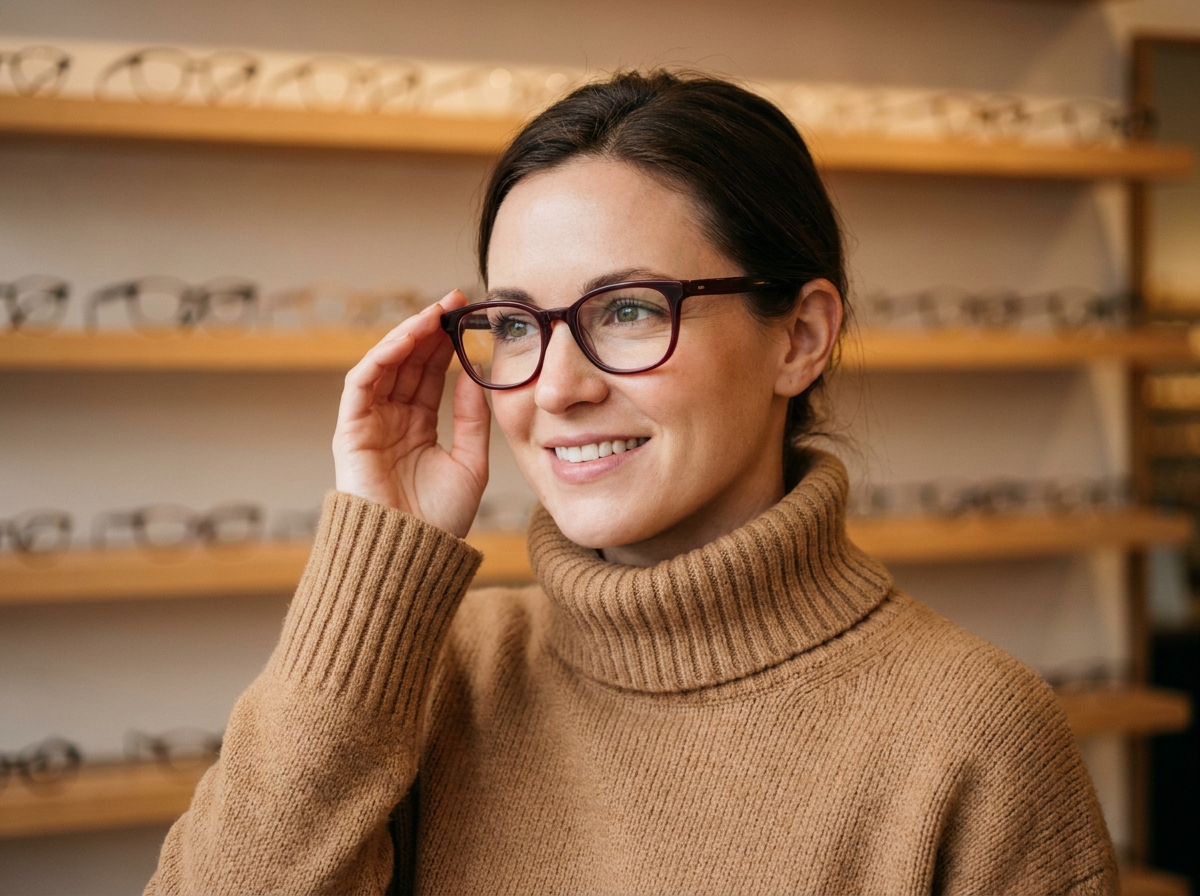 Femme portant des lunettes à monture en acétate bordeaux dans une boutique d'optique, tendance couleurs hivernales